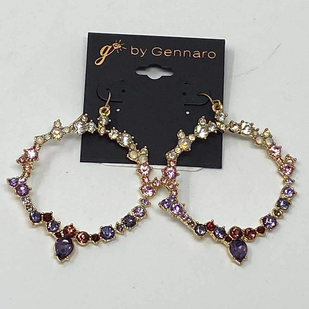 G By Gennaro Large Hoop Dangle Earrings Gold Tone With Clear Pink Purple Stones